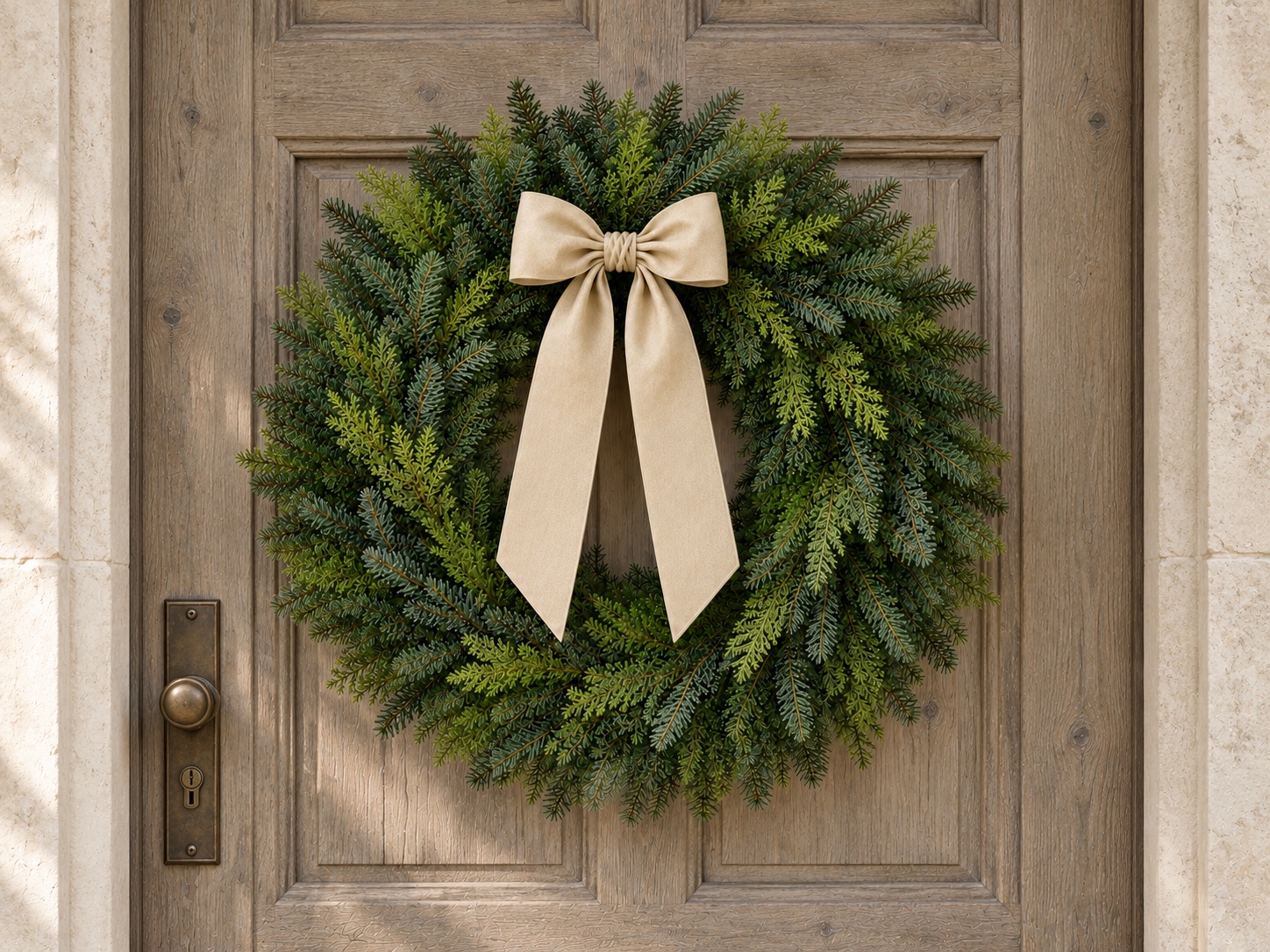 Evergreen wreath with an ivory velvet bow on a weathered gray oak door