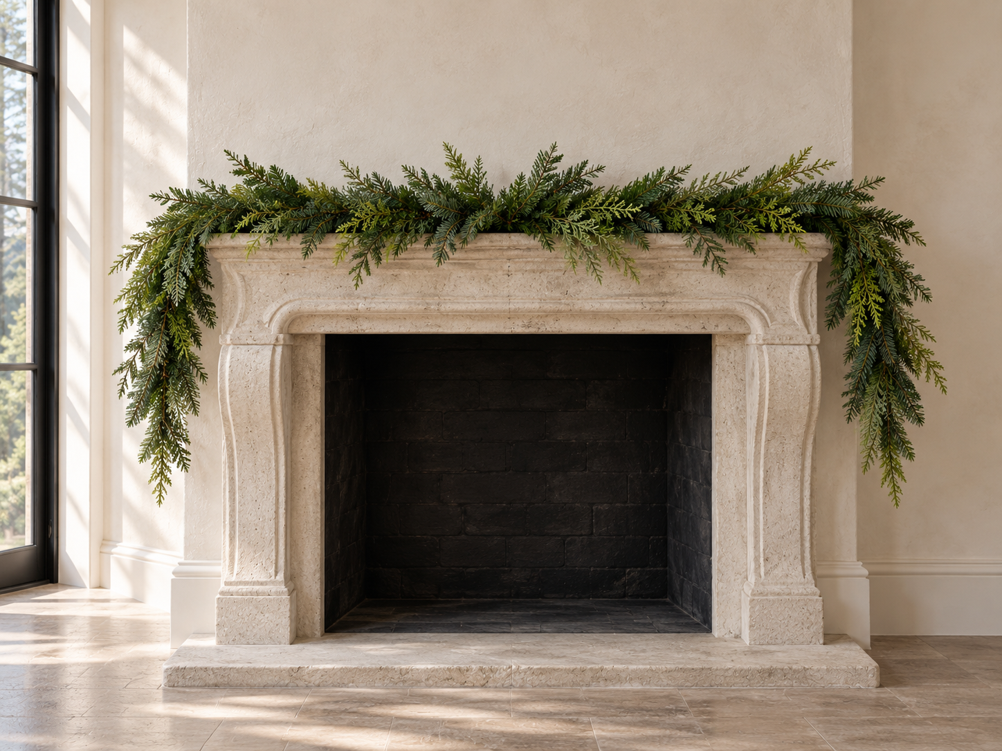 Mixed evergreen garland over an aged French limestone fireplace