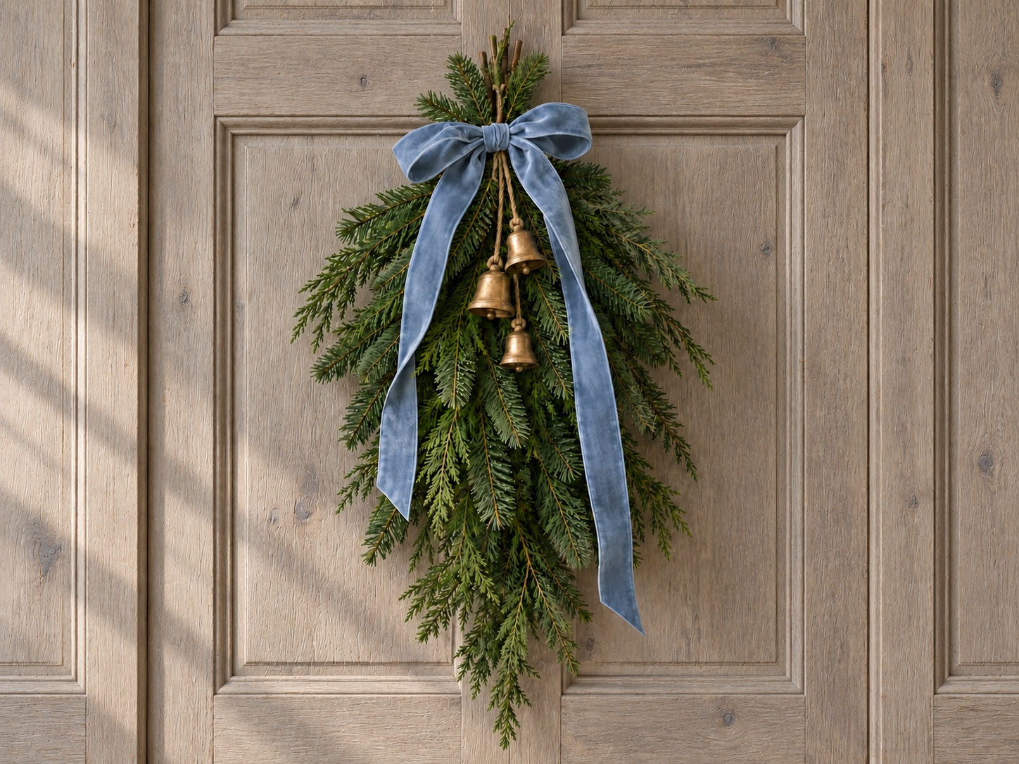 Evergreen door swag with a dusty blue velvet bow