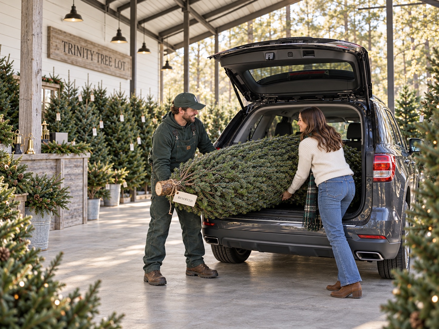 Trinity team helping load a reserved Christmas tree into a customer&rsquo;s vehicle