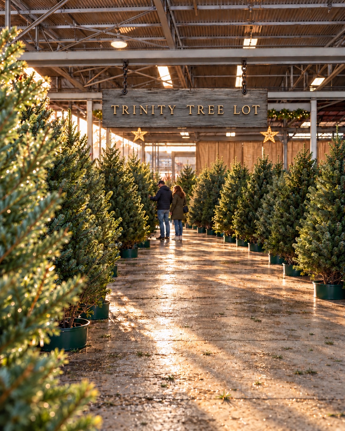 Christmas trees and customers at the Trinity Tree Lot entrance