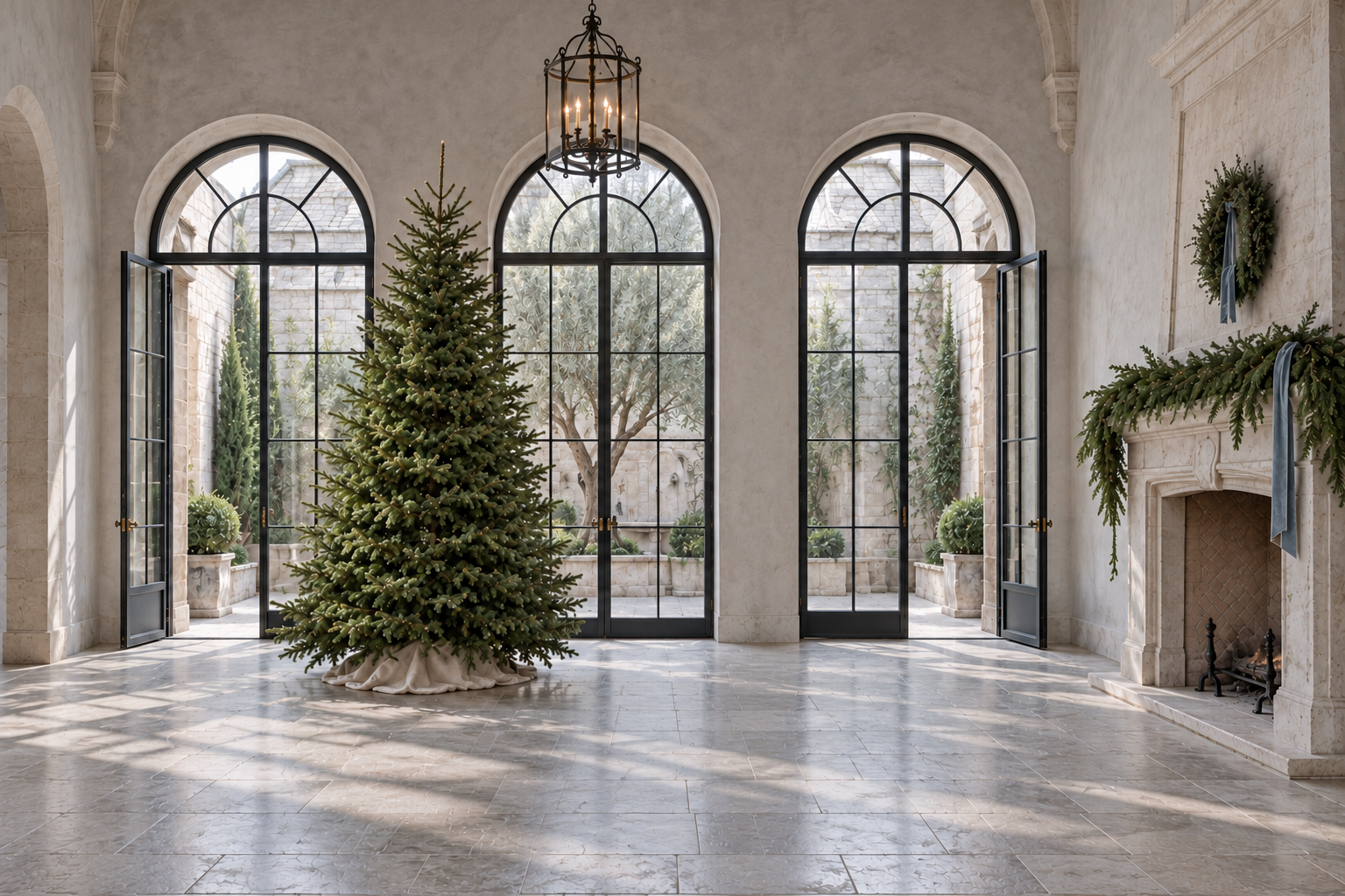 A natural Fraser fir and fireplace greenery in a soaring stone room with arched steel doors, a quiet courtyard and sunlight across the floor.