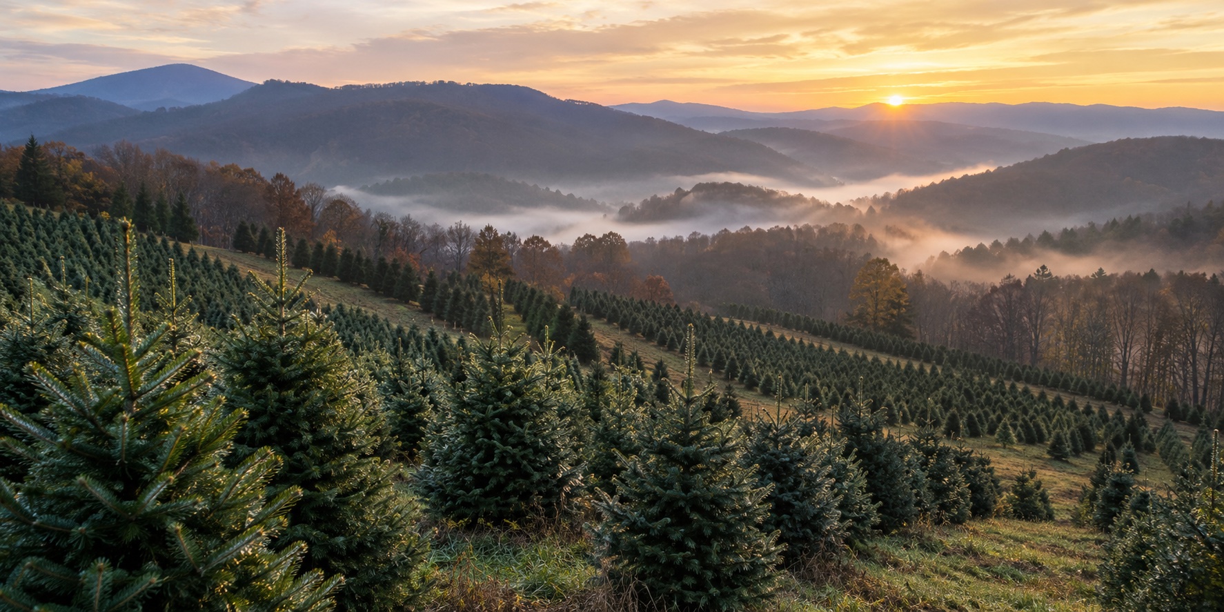 Illustrative Fraser fir fields in morning dew and mist, with layered North Carolina mountains at sunrise