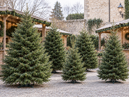 Illustrative Christmas tree market scene
