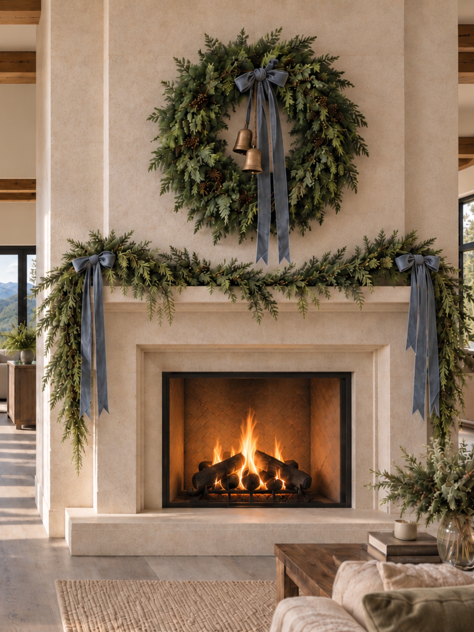 Natural evergreen wreath and garland with blue-gray velvet ribbon on a stone fireplace