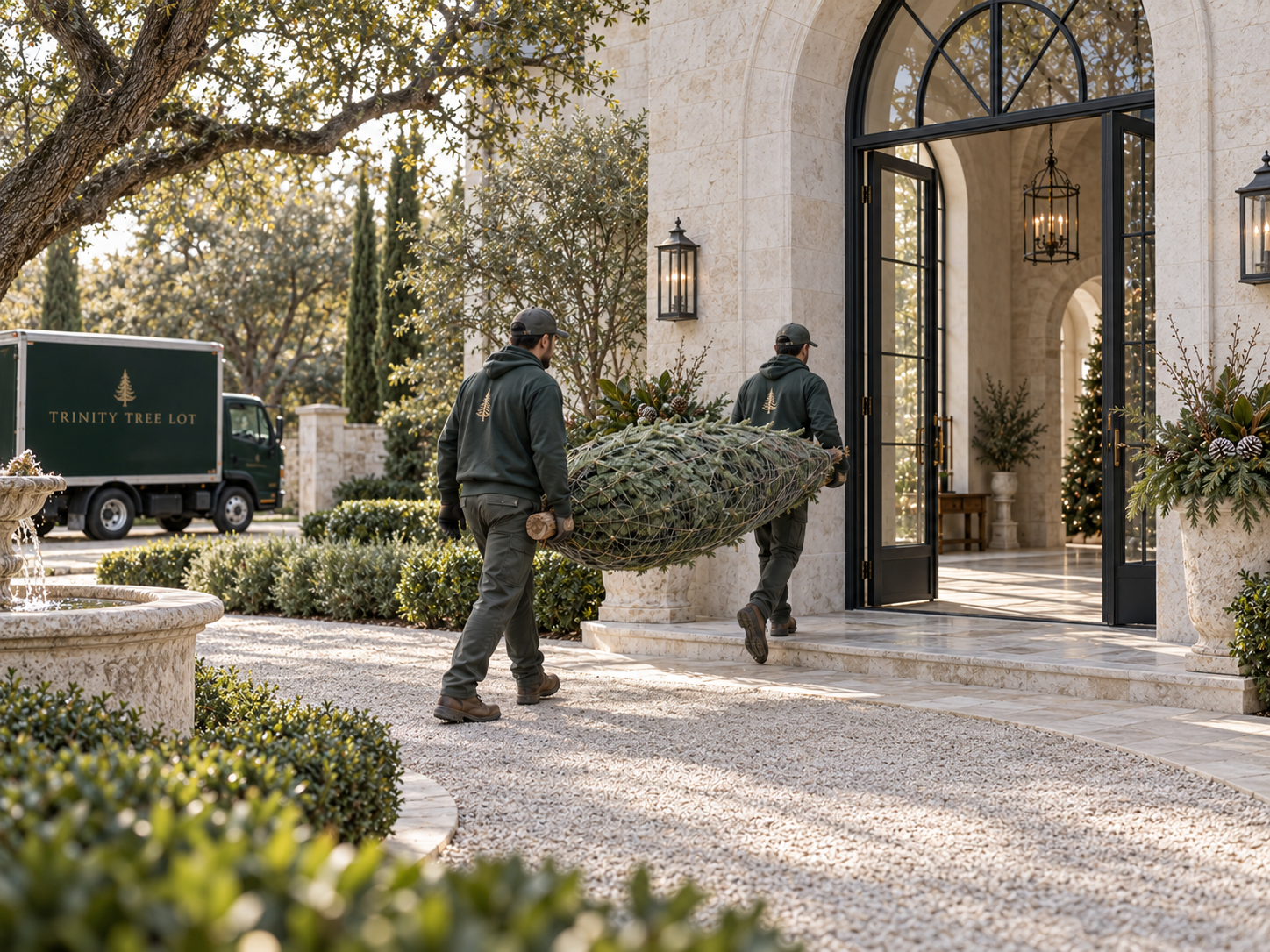Trinity team carrying a Christmas tree to a home for delivery and setup